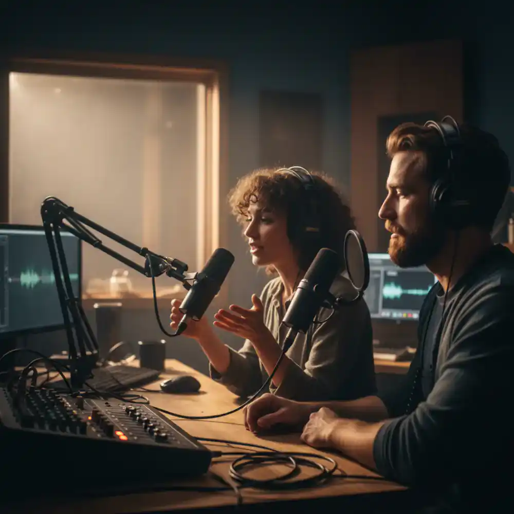 Podcast hosts recording with headphones