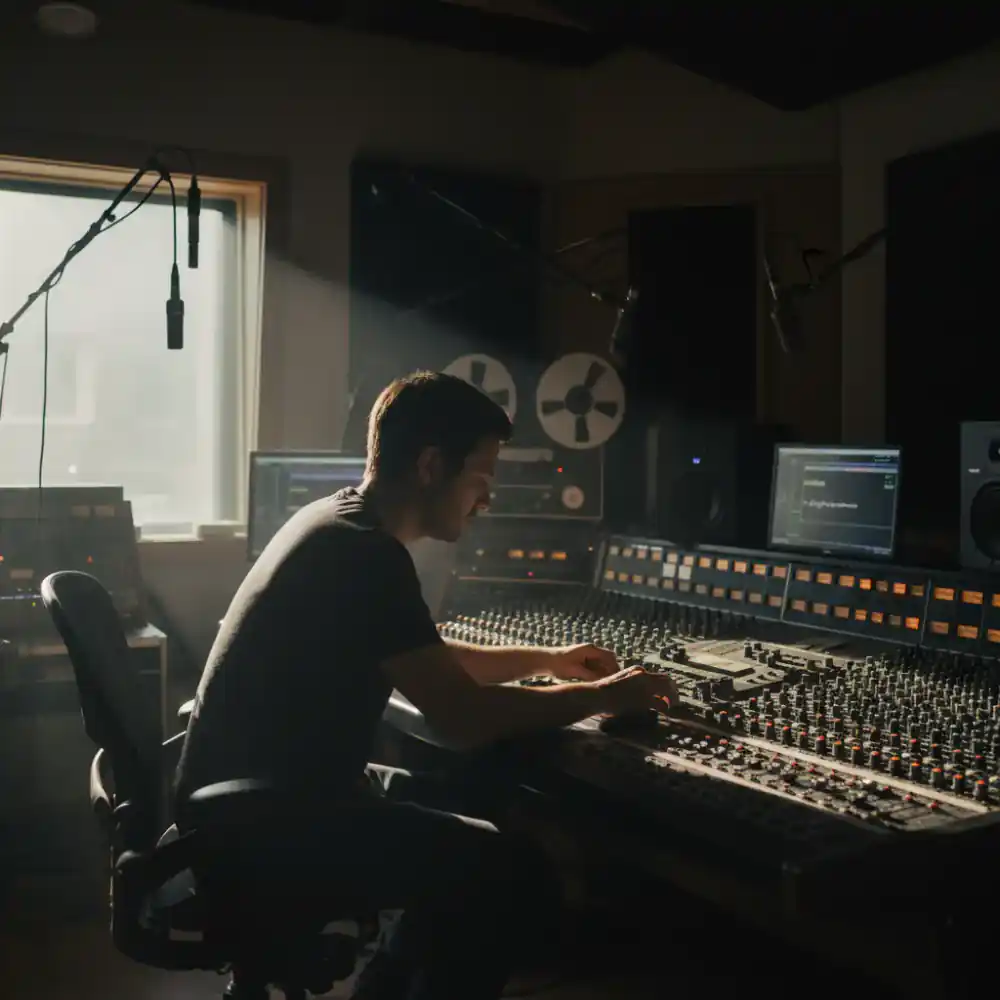 Audio engineer working on a mixing console