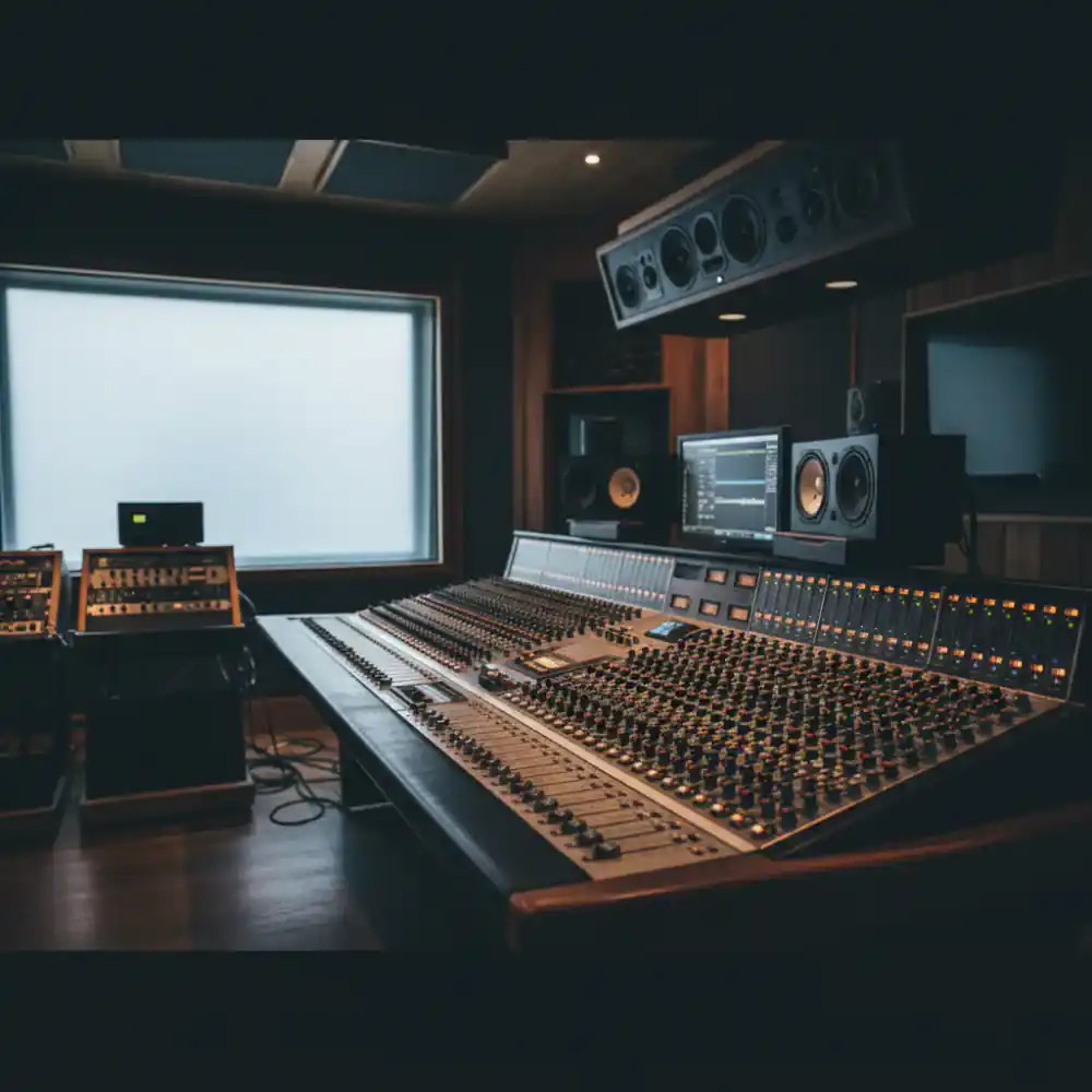 Studio mixing console in dark lighting
