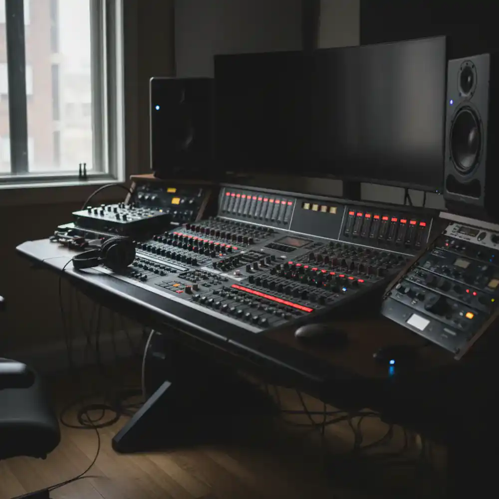 Audio engineering console mixing a session